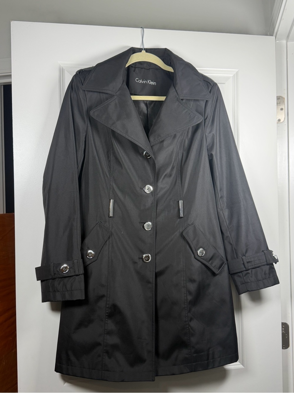 Calvin Klein Black Women's Trench Coat with Silver Buttons